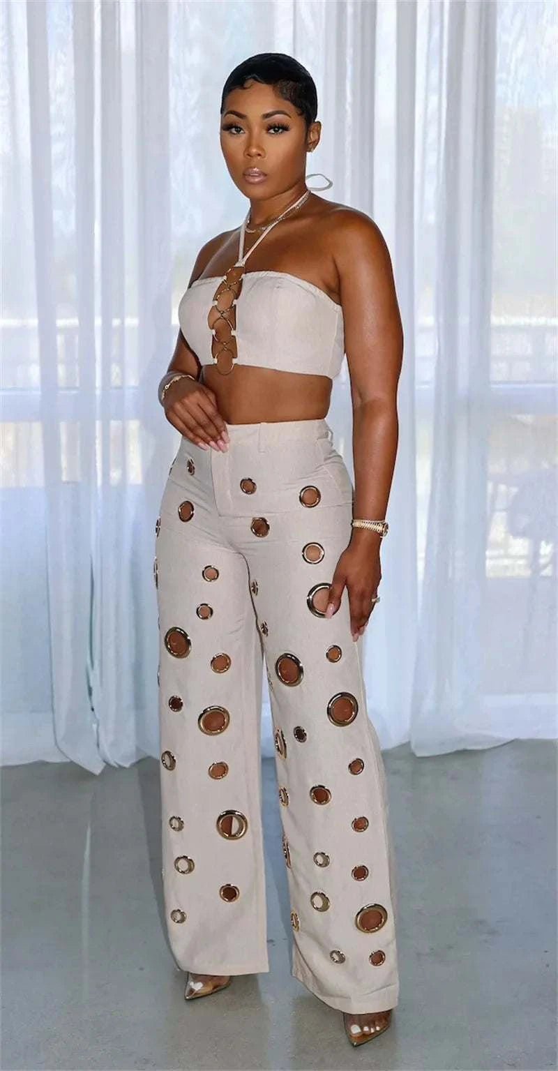 Sexy Night Party 2 Piece Sets Women Outfit Clubwear Festival Clothing Halter Crop Top and Pants Conjuntos Femininos Elegantes