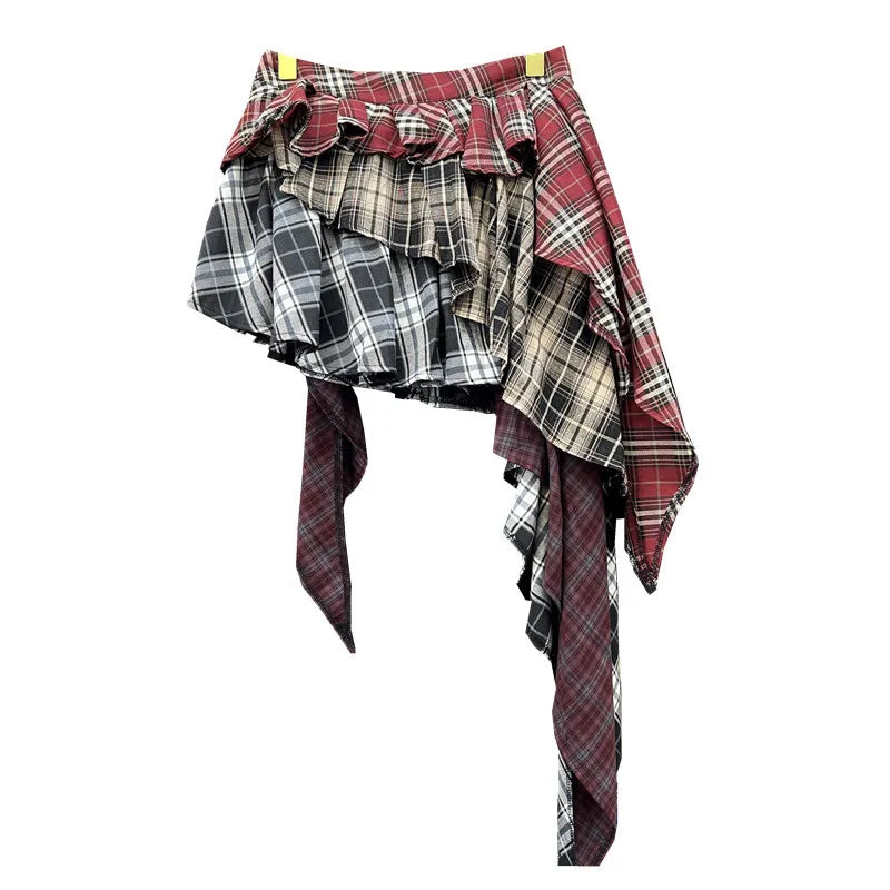 Y2K Women's Skirt Irregular Plaid Patchwork Large Size Summer Spice Girl Design A-line Skirt Trendy Pleated Streetwear Harajuku