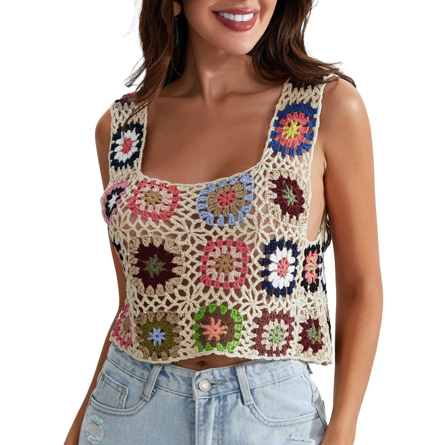 Womens Crochet Tank Top With Tassels Cover Ups Knit Colorful Floral Embroidery Summer Backless Camisole Fashion Casual Bohemian