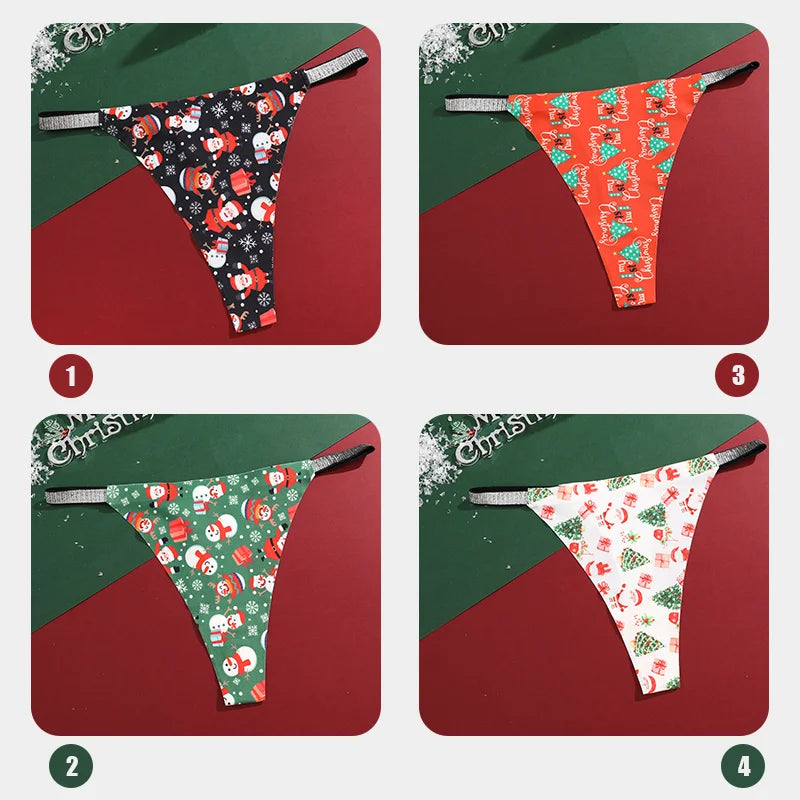 New 4Pcs Christmas Print Underwear Breathable Shiny Belt Thong Women Skin-friendly Fashionable Casual Christmas Gifts