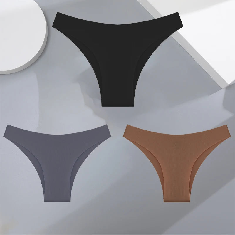 FINETOO 3Pcs Ultra-thin Seamless Silk Underwear Women's Panties Sexy Low-Waist Stretch Bikini Solid Color Briefs Lingerie XS-XXL