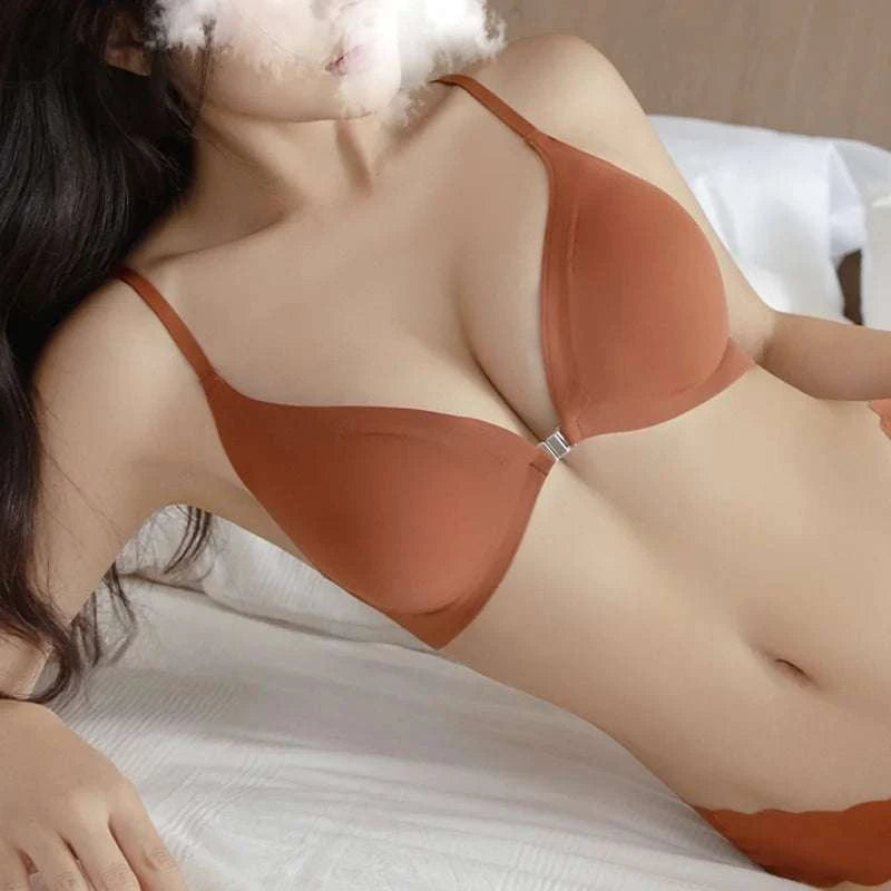 Ice Silk Underwear Set Solid Color Seamless Bra Wireless Front Buckle Push Up Bra Comfortable Panties Sexy Underwear Set