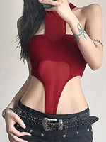 Solid Red Mesh Corset Bodysuit