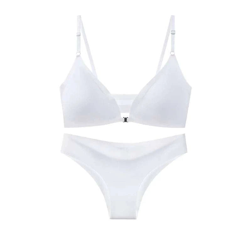 Ice Silk Underwear Set Solid Color Seamless Bra Wireless Front Buckle Push Up Bra Comfortable Panties Sexy Underwear Set