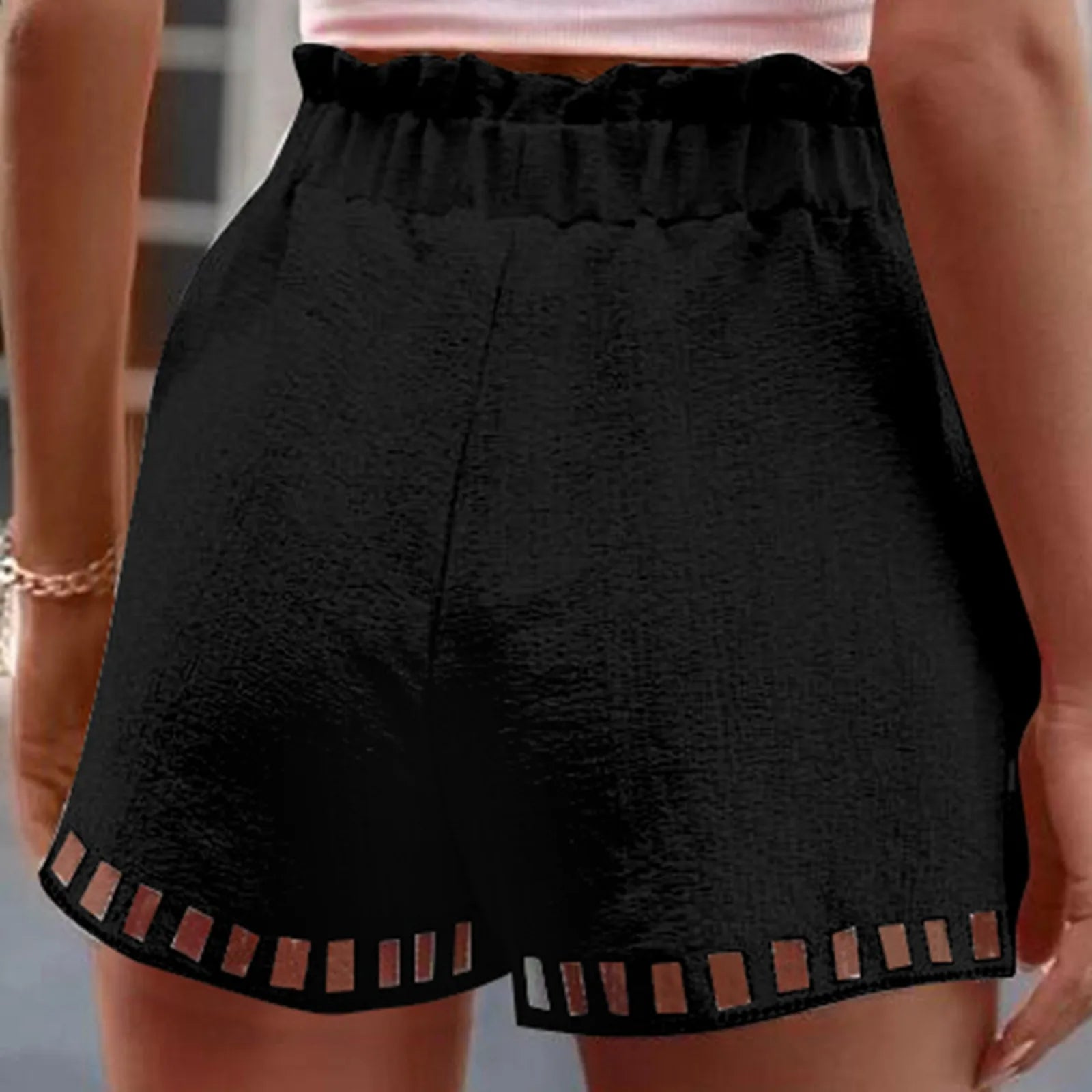 Cotton Linen Shorts Women'S Pants Solid Color Thin Hollow Out Design Trim Pocket Tight Waist Shorts Beachwear White Clothes