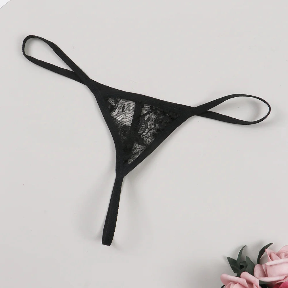 3PCS Sexy Lace See-Through Thong Bikini Set – V-Strap Panties Lingerie for Women