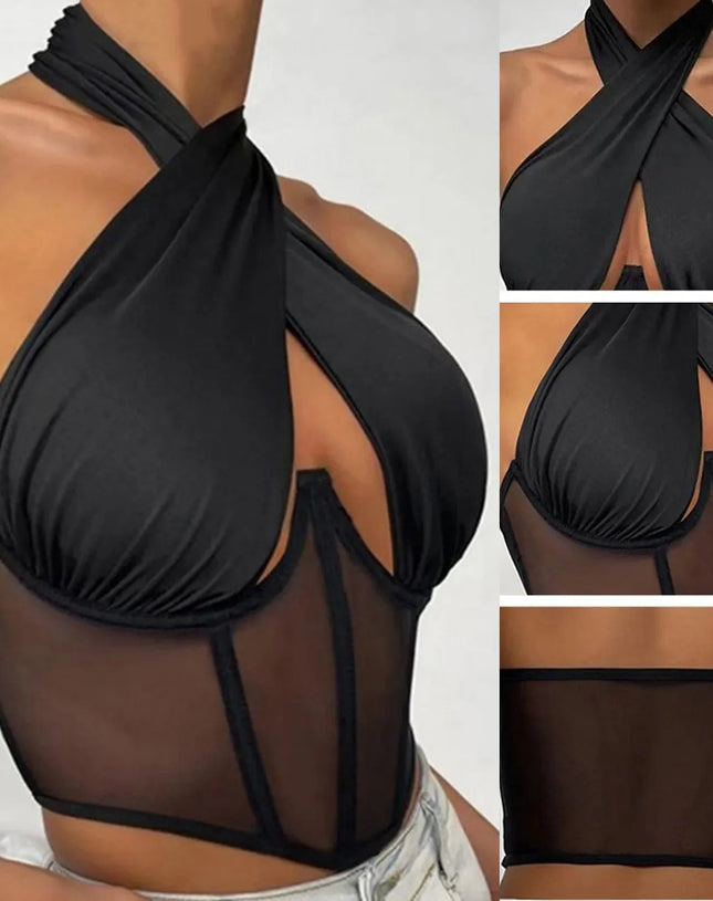 Sexy Cotton Stretch Tops For Women Cross Halter Sleeveless Blouses Fashion Sleeveless Hollow Out Top Irregular Neckline Tank Top