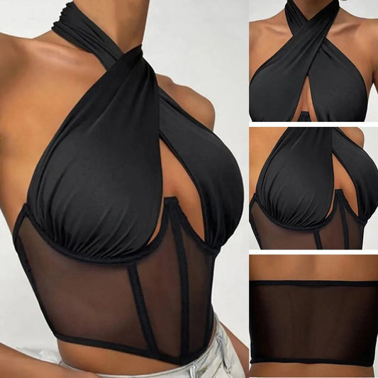 Sexy Cotton Stretch Tops For Women Cross Halter Sleeveless Blouses Fashion Sleeveless Hollow Out Top Irregular Neckline Tank Top