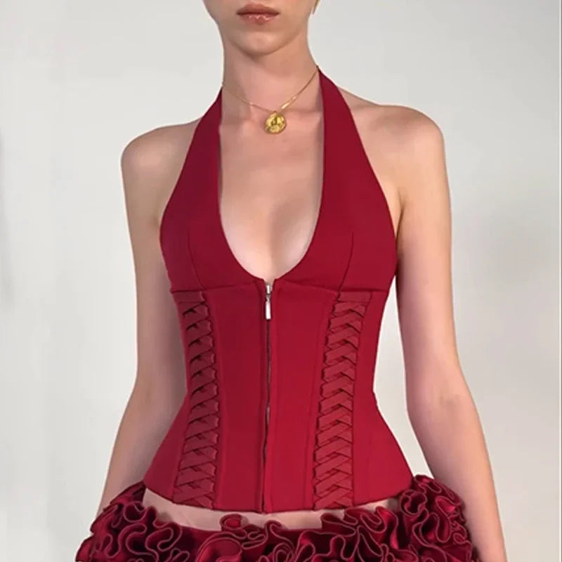 Fashion Cross Tie Zipper Slim Women's Vest Sexy Off Shoulder Backless Sleeveless Halter Top Casual Summer Street Camis