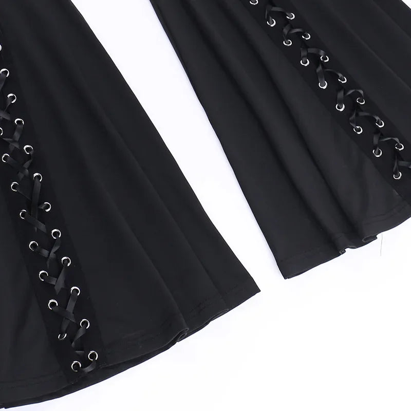 Grunge Streetwear Zwarte Bandage Broek Cyber Gothic Punk Hollow Out Flare Broek Vrouwen Emo Hoge Taille Sexy Alt Bottom