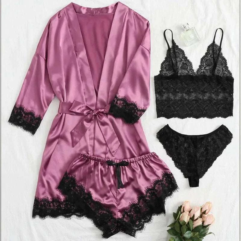 4PCS Women Pajama Suit Fashion V-Neck Stretch Silk Satin Robe Lace Sexy Lingerie Bathrobe Bowknot Pyjamas Shorts Set Sleepwear