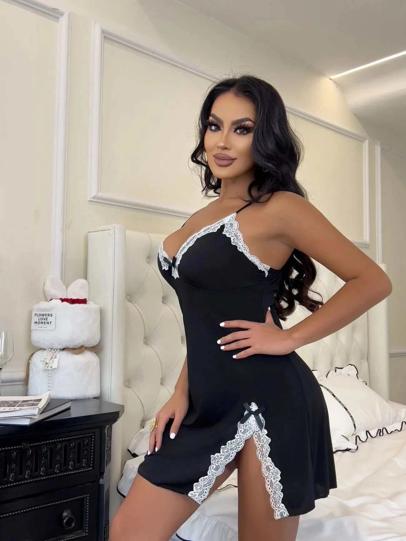 Plus Size Set Lace Bra And Thong Sets Sexy Dress Women's Lingerie V-Neck Nightgown Split Hem Soft Lingeries Female Clothes Hot