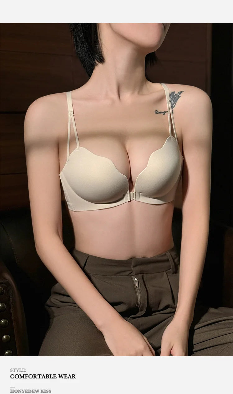 New Front Buckle Beautiful Back Underwear Women's Small Breasts Gathered Integrated Non-wired Breathable Non-marking Bra