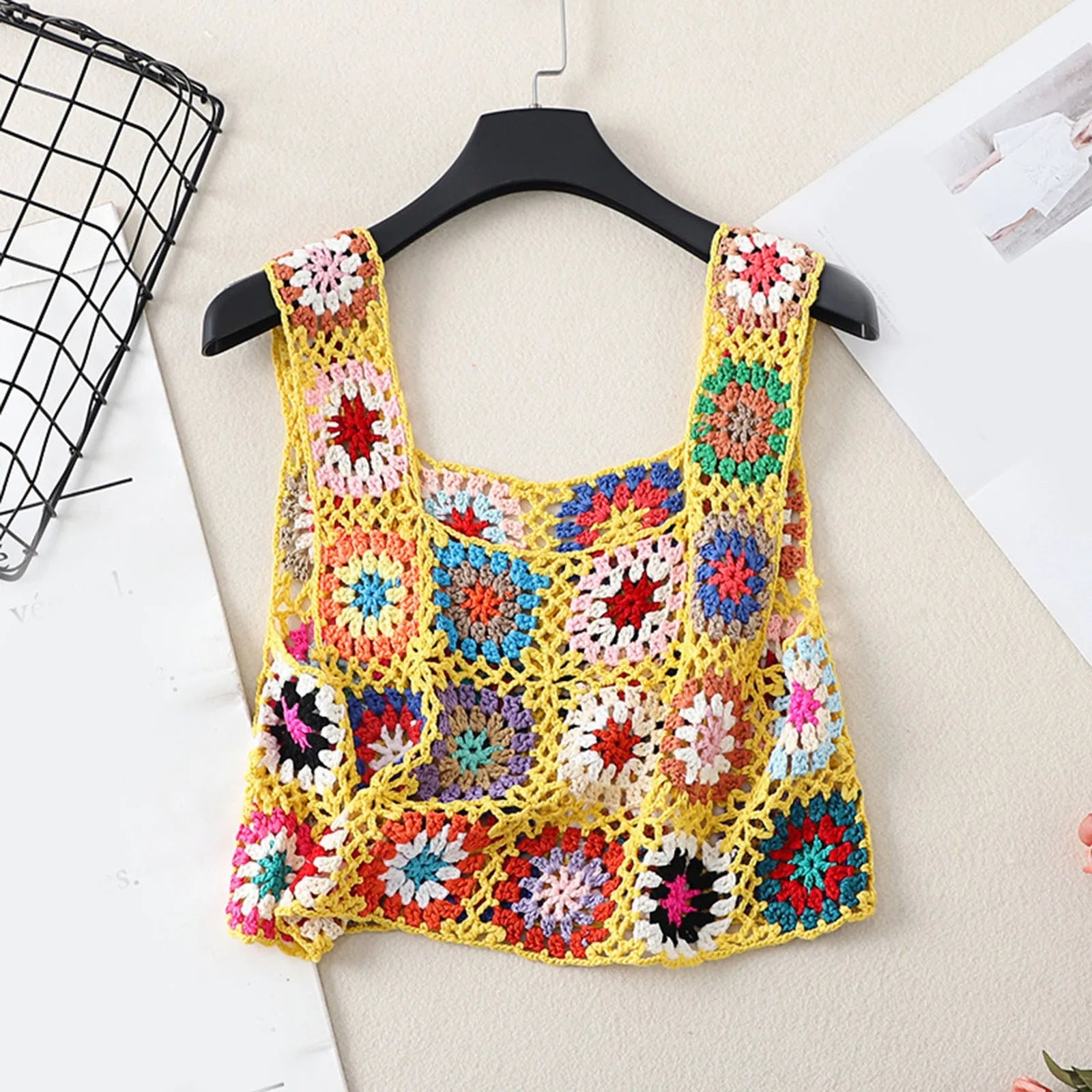 Womens Crochet Tank Top With Tassels Cover Ups Knit Colorful Floral Embroidery Summer Backless Camisole Fashion Casual Bohemian