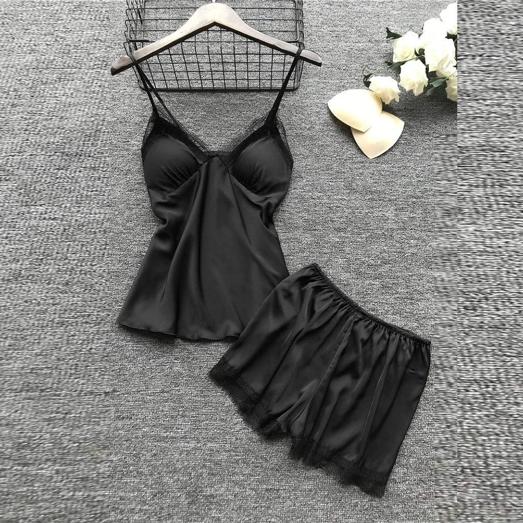 Women’s 4-Piece Satin & Lace Nightwear Set – Camisole, Shorts, Nightdress & Robe