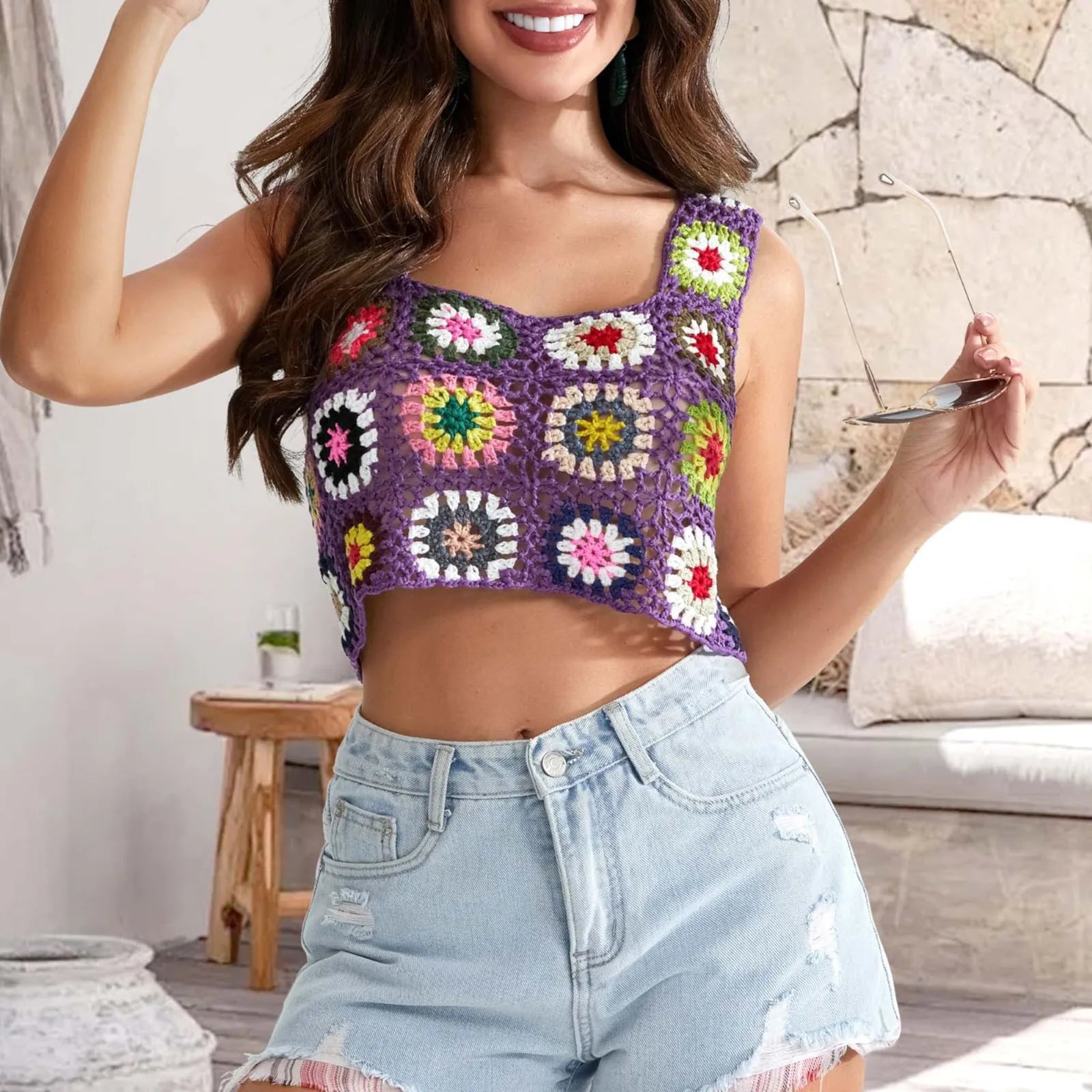 Womens Crochet Tank Top With Tassels Cover Ups Knit Colorful Floral Embroidery Summer Backless Camisole Fashion Casual Bohemian