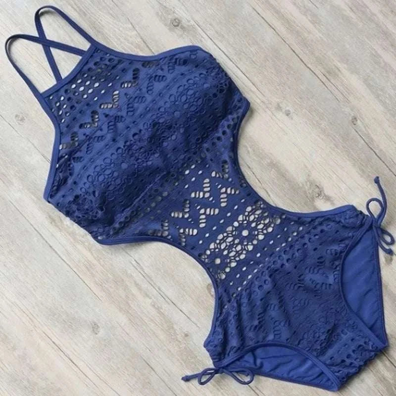 2023 Sexy One Piece Swimsuit Backless Halter Beach Swimwear Crochet Bikini Bathing Suit 2021 Black Swimming Suit For Women