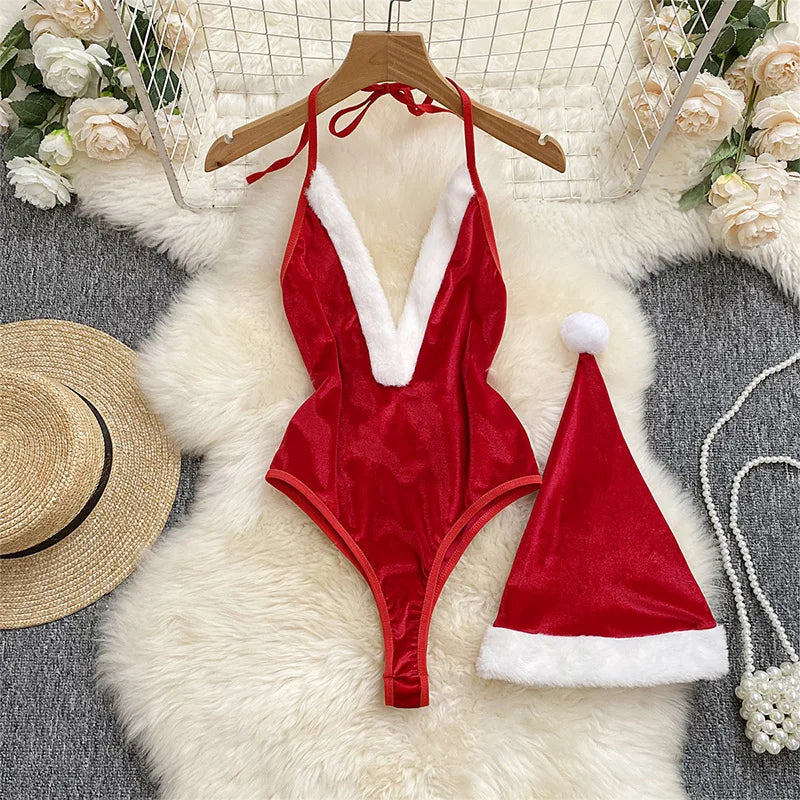 Women's Sexy Christmas Erotic Lingerie Set Furry Erotic Lingerie Set Bodysuit  Hat Sexy Underpants Velvet One-piece Bra Set