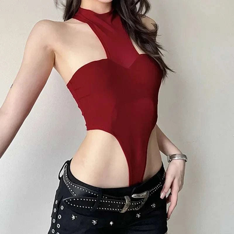 Solid Red Mesh Corset Bodysuit