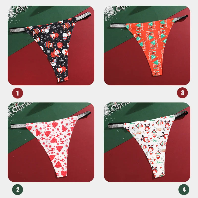 New 4Pcs Christmas Print Underwear Breathable Shiny Belt Thong Women Skin-friendly Fashionable Casual Christmas Gifts