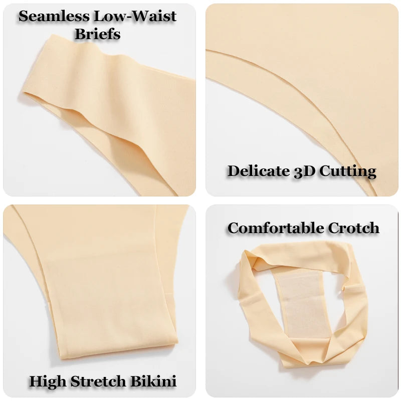 FINETOO 3Pcs Ultra-thin Seamless Silk Underwear Women's Panties Sexy Low-Waist Stretch Bikini Solid Color Briefs Lingerie XS-XXL