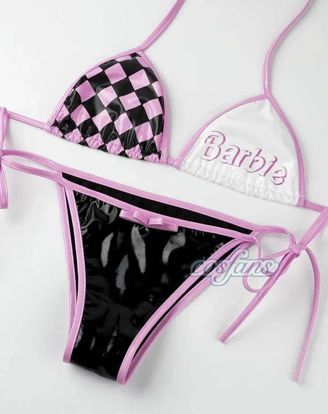 Women Three Point Underwear Set Cosplay Costume Barbie Cute Girl Pink Black Plaid Bikini Swimsuit
