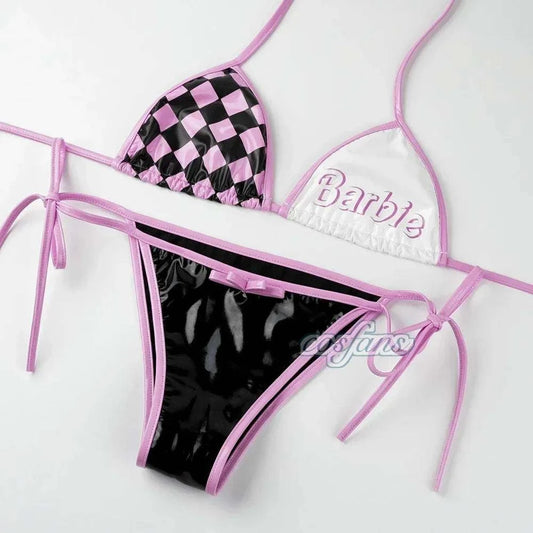 Women Three Point Underwear Set Cosplay Costume Barbie Cute Girl Pink Black Plaid Bikini Swimsuit