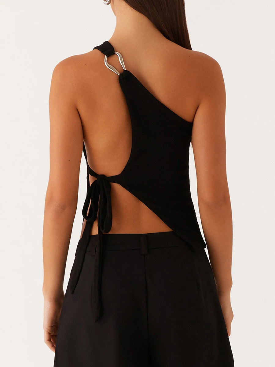 Elegant One Shoulder Blouse Women s Fashionable Sleeveless Top with Chic Side Knot Detail for Summer Wear