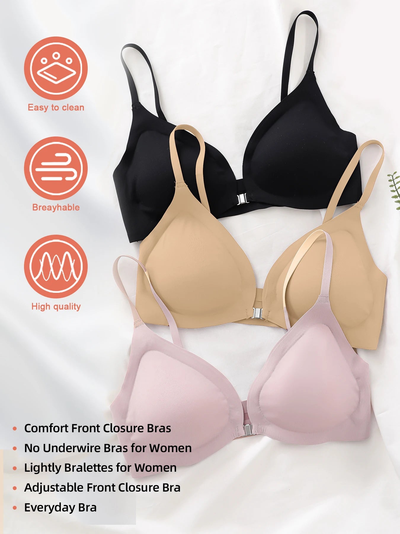 Women's Wireless Front Closure Push-Up Bras - 7 Pack Colored Seamless T-Shirt Lingerie with Removable Padding