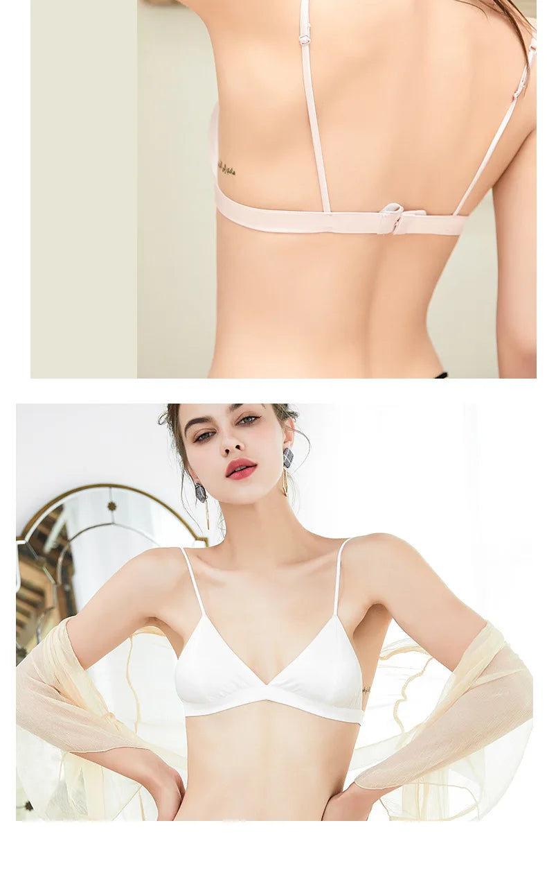Silk Bra WomenFrench Silk Underwear Women Comfortable No Trace Mulberry Silk No Steel Ring Triangle Cup Bra Lenceria Para Damas