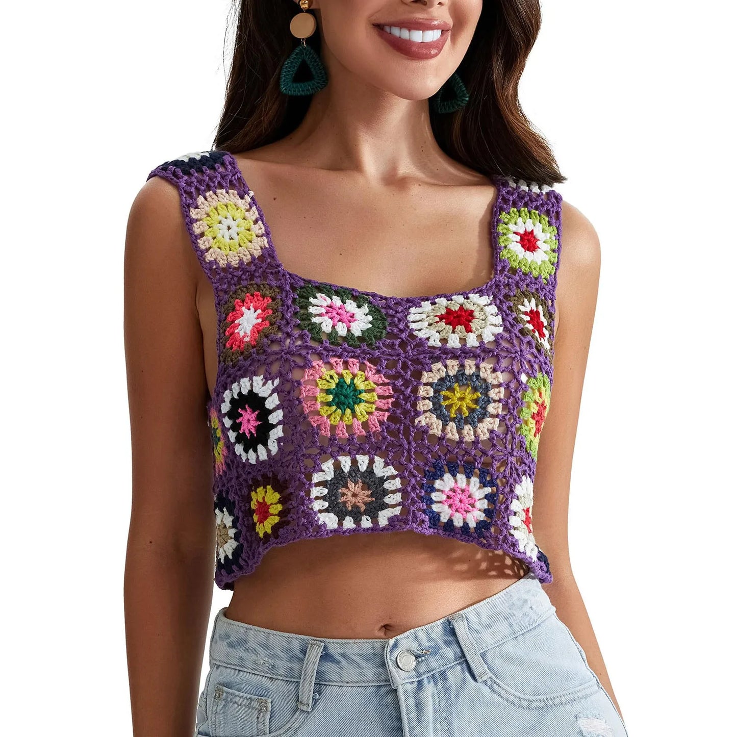 Womens Crochet Tank Top With Tassels Cover Ups Knit Colorful Floral Embroidery Summer Backless Camisole Fashion Casual Bohemian