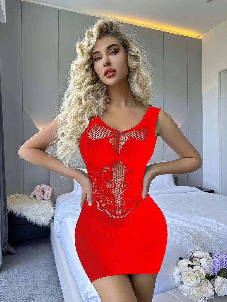 Women’s Sheer Fishnet Hollow-Out Backless Bodysuit Skirt – Erotic One-Piece Mesh Dress