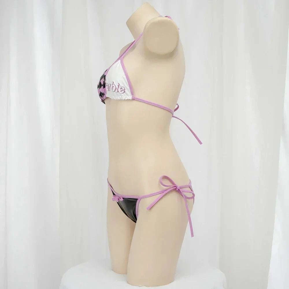 Women Three Point Underwear Set Cosplay Costume Barbie Cute Girl Pink Black Plaid Bikini Swimsuit