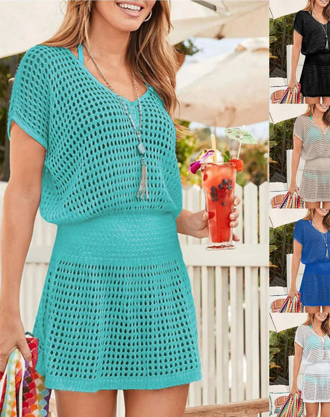 Sexy Hollow Out Beach Dress Women V Neck Crochet Swimsuit Short Sleeve Cover Up Solid Pareo Summer Swimwear Female Bathing Suit