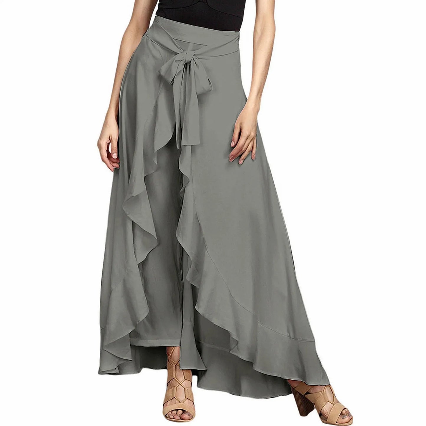 Women'S High Waist Chiffon Pants Wide Leg Pants Ruffle Trim Ice Silk Ankle-Length Long Trousers Summer Breeches Pantalones 바지