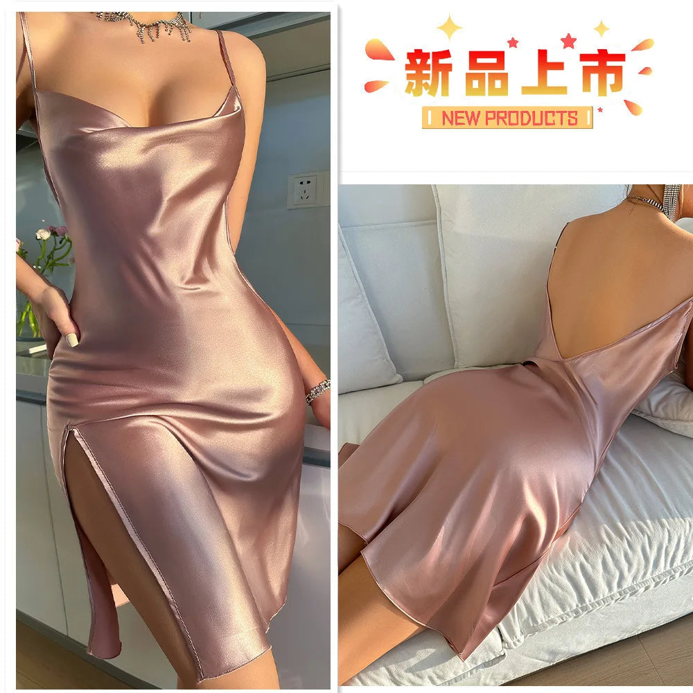 Backless Suspender Skirt Dress for Women Comfortable Pajamas Summer Solid Silk Satin Imitation Silk Sexy Backless Nightgown