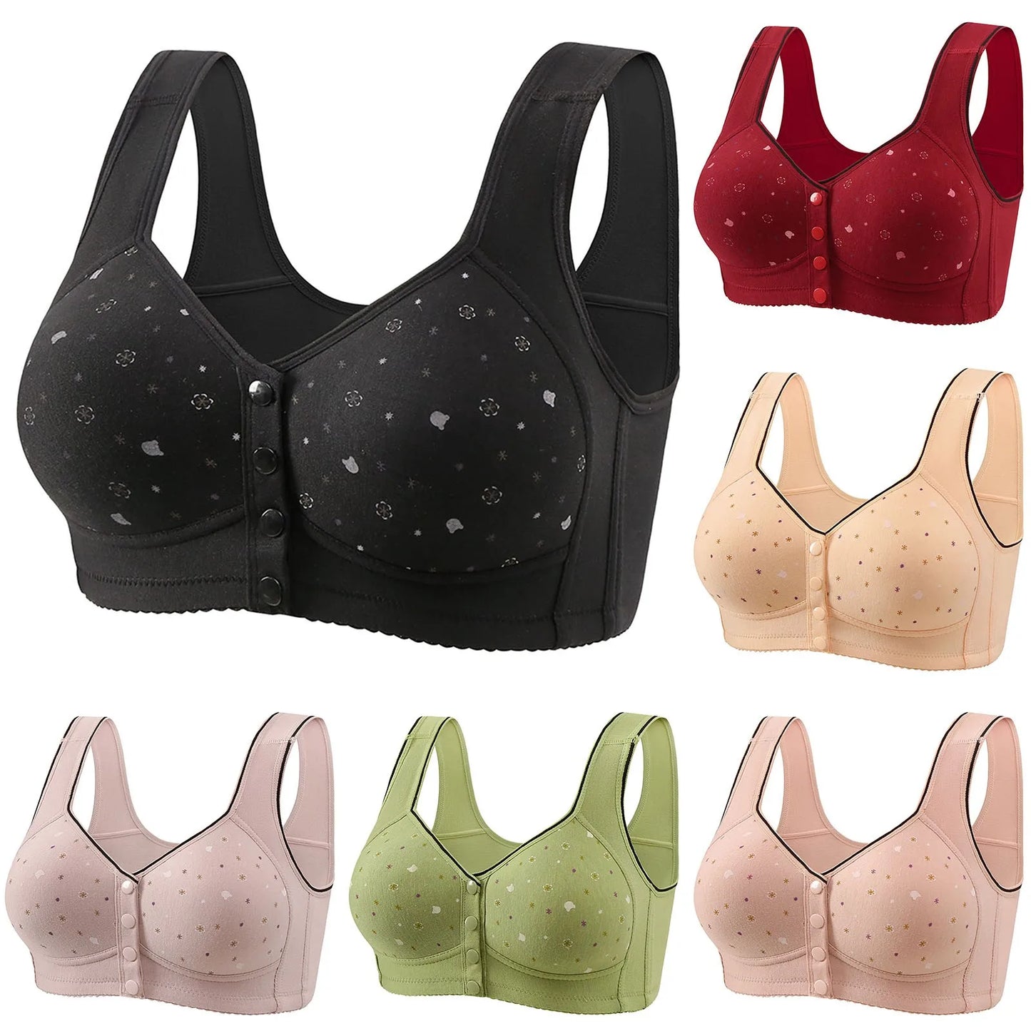 Front Button Retro Printed Bra Without Steel Ring Wide Shoulder Strap Middle-Aged Elderly Underwear Plus Size Women'S Vest Bras