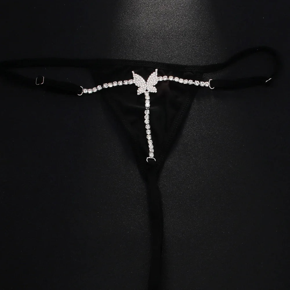 Stonefans Rhinestone Chain Butterfly Panties Body Jewelry for Women Sexy Low Back Thong Bikini Black Choth Lingerie Underwear
