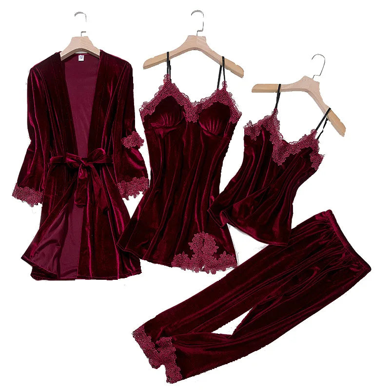 Women’s 4-Piece Velour & Lace Velvet Pajama Set – Long-Sleeve Intimate Homewear