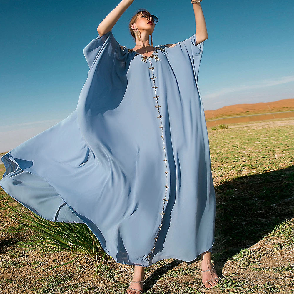 Diamond-Embellished Cold-Shoulder V-Neck Summer Kaftan Abaya – Luxury Evening Party & Eid Gown