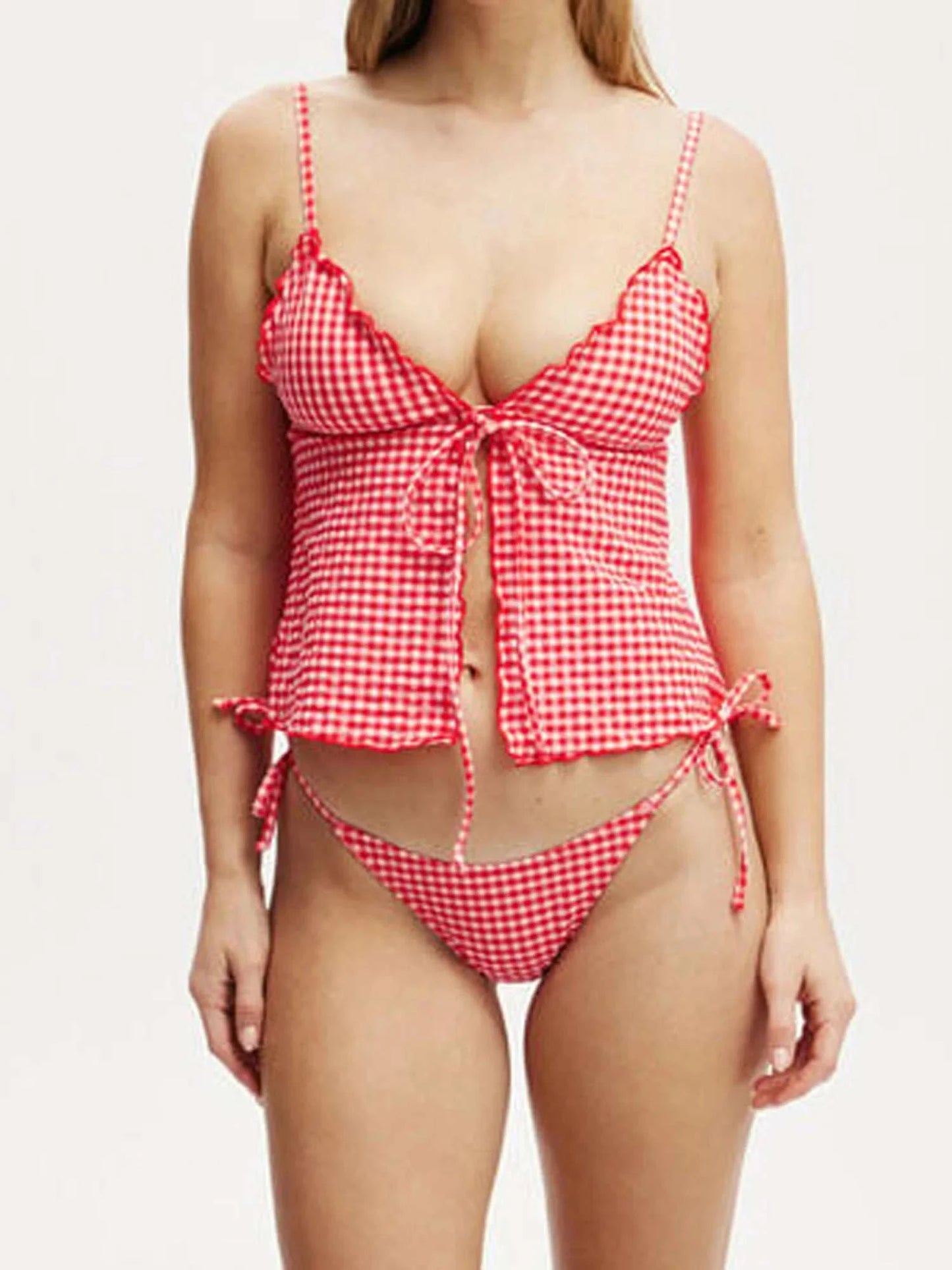 Women s Plaid Print Sleeveless Cami Top with Deep V Neckline and Front Tie-up Detail - Stylish Split Shirt for Summer