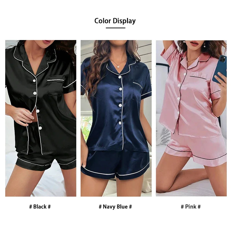 Summer Silk Satin Pajamas Set for Women Sleepwear Button Down Top & Shorts 2 Pieces Notched Collar Nightwear Loungewear