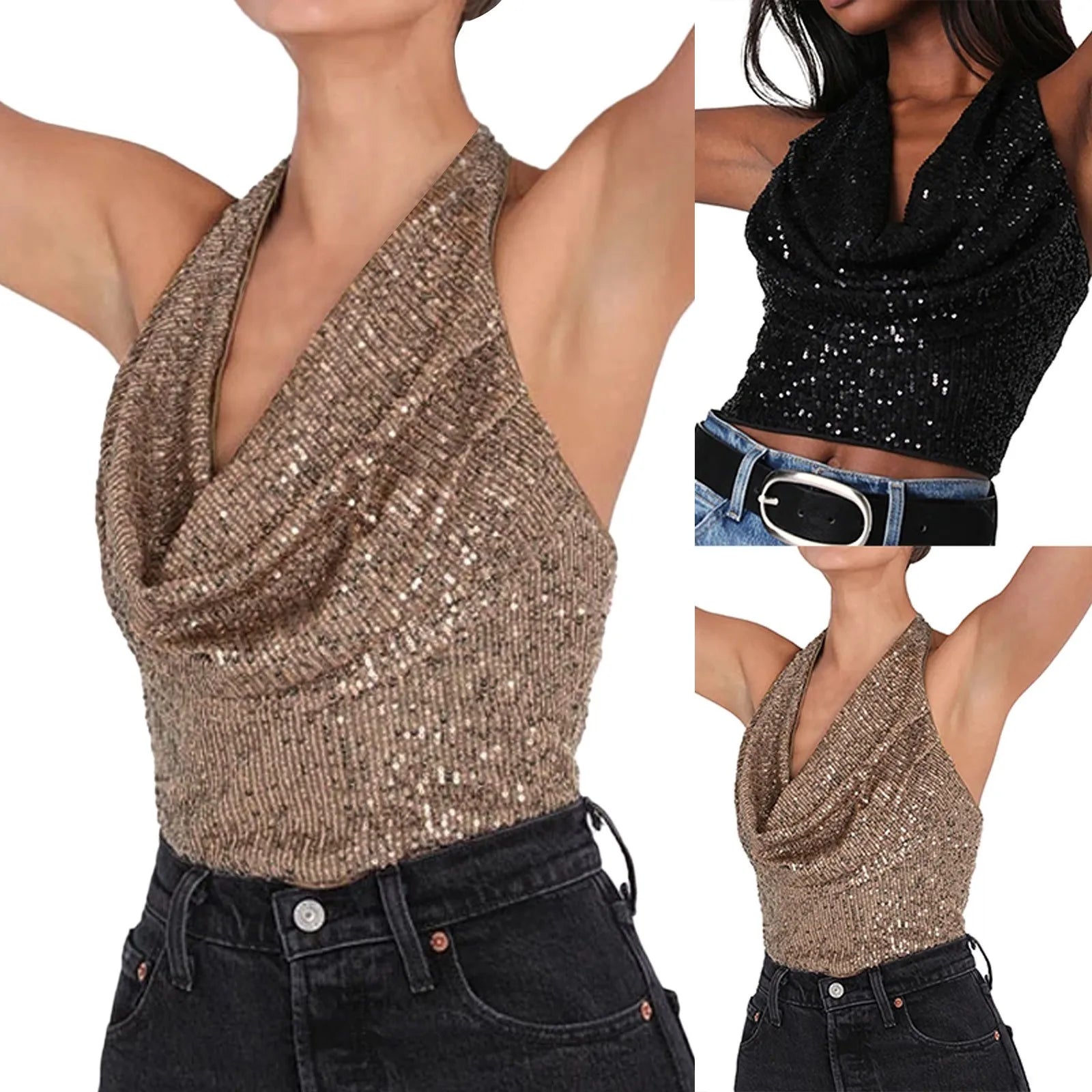 Summer Women'S Tanks Women Fashion Solid Sequin Hanging Neck Vest Round Neck Tank Vest Shirt Crop Top Tanques De Mujer