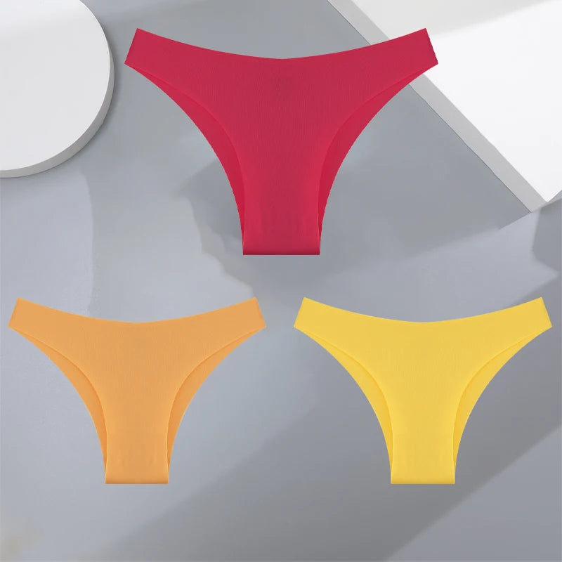 FINETOO 3Pcs Ultra-thin Seamless Silk Underwear Women's Panties Sexy Low-Waist Stretch Bikini Solid Color Briefs Lingerie XS-XXL