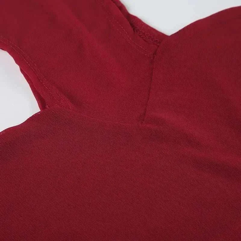 Solid Red Mesh Corset Bodysuit