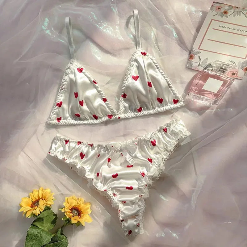 Satin Heart-Print Wireless Bra & Brief Set – Cute Summer Lingerie