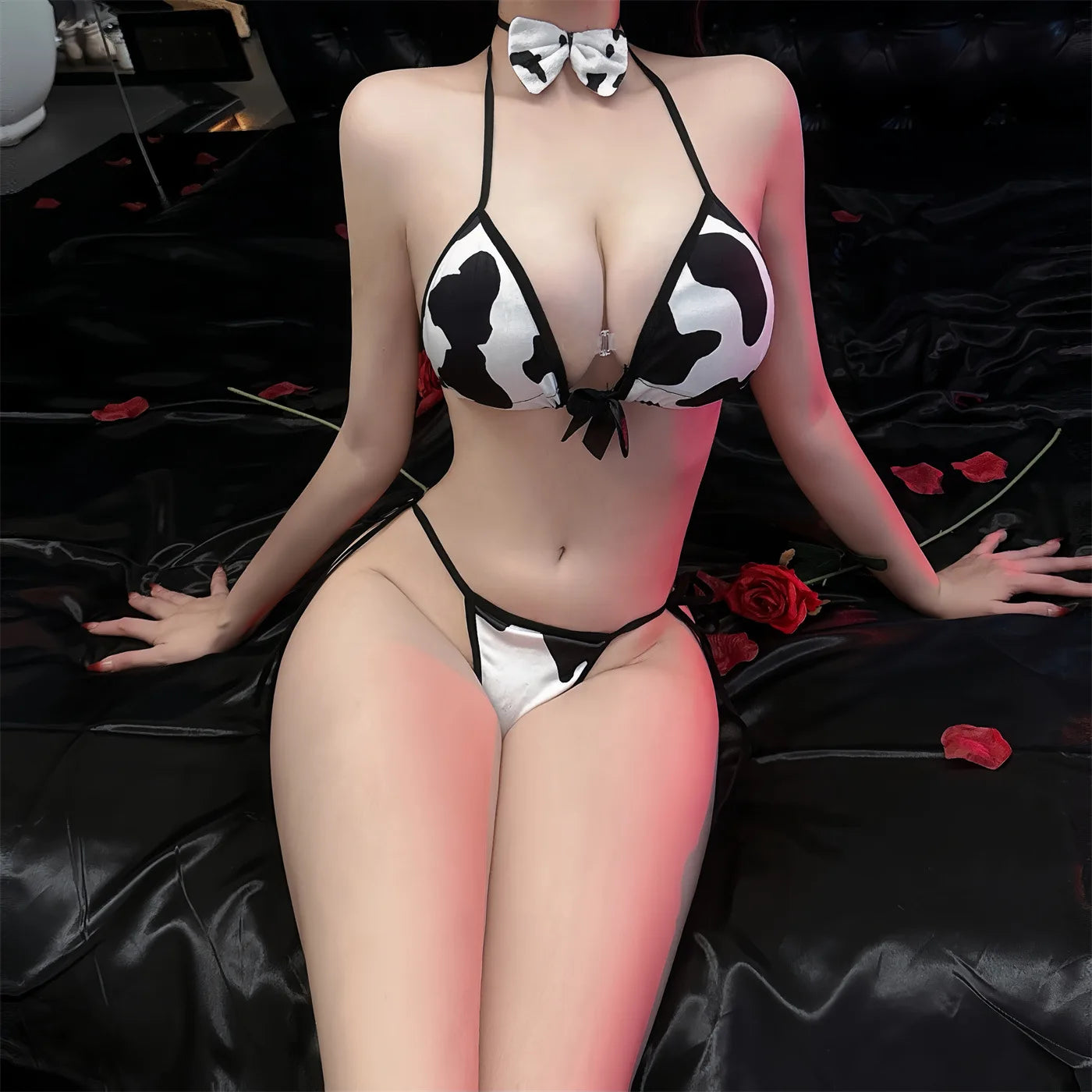 Cow-Print Mesh Cosplay Strap Bra & Bikini Set – Sexy Temptation Lingerie Uniform