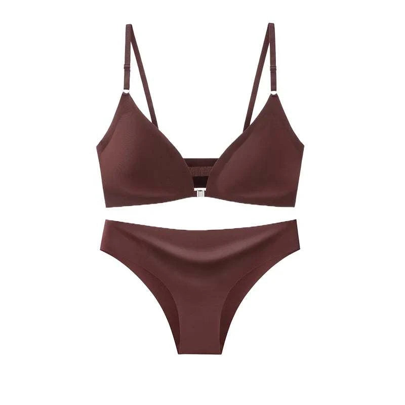 Ice Silk Underwear Set Solid Color Seamless Bra Wireless Front Buckle Push Up Bra Comfortable Panties Sexy Underwear Set