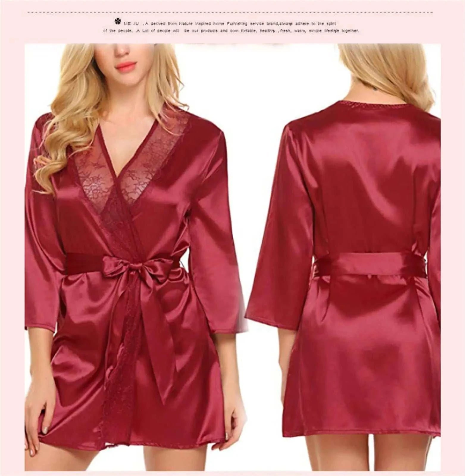 Women's Sexy Satin Solid Color Robe Lace Trim Kimono Nightgown Deep V Neck Lingerie Pajamas Bathrobe Sexy Sleepwear of Women ﻿