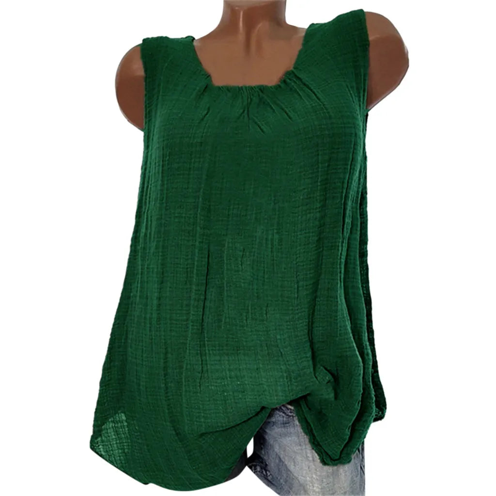 Plus Size Cotton Linen Sleeveless Baggy Tank Top – Casual U-Neck Summer Vest Blouse for Women